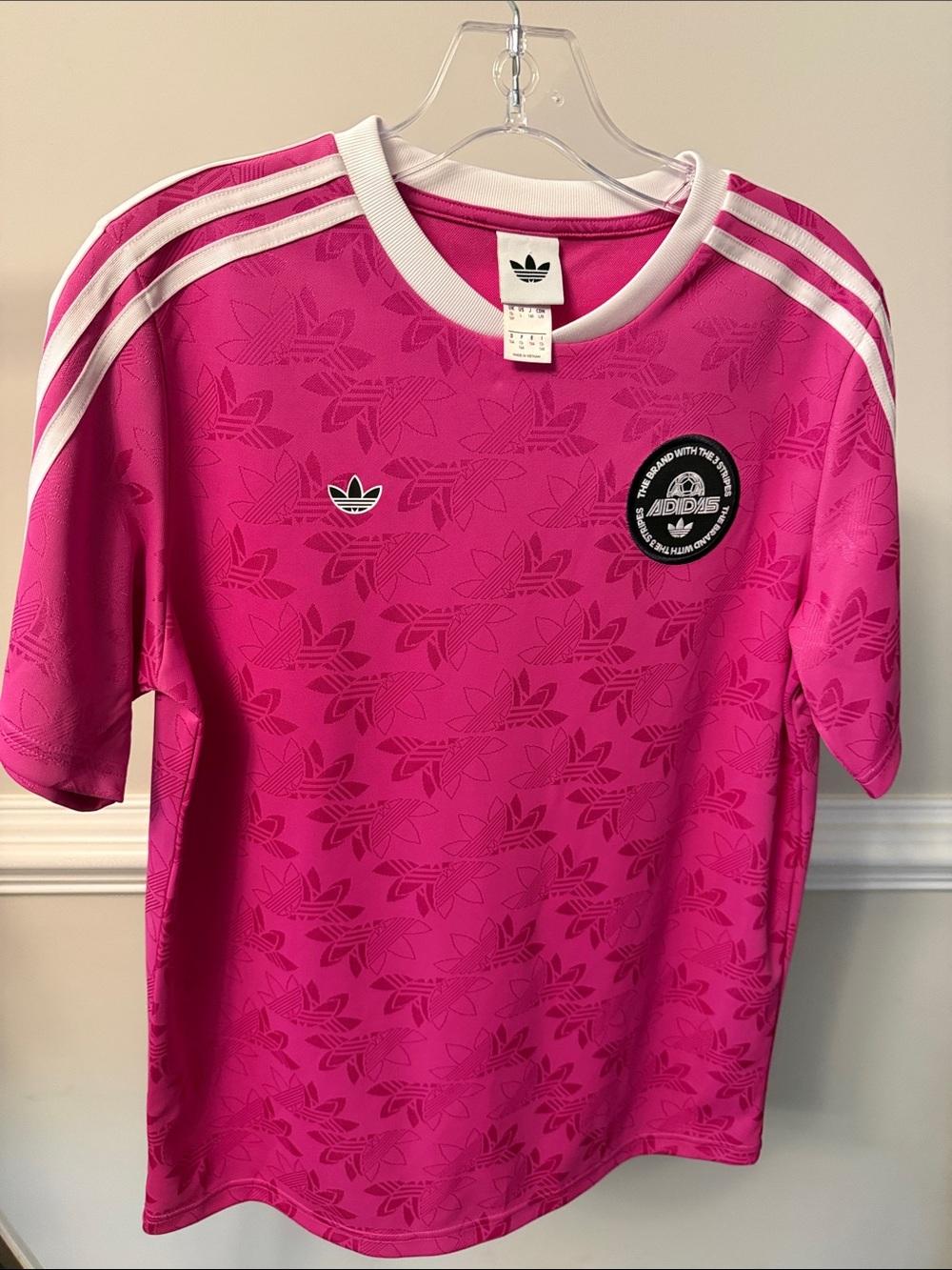 adidas Kids Pink Short-Sleeve Soccer Tee with White Stripes